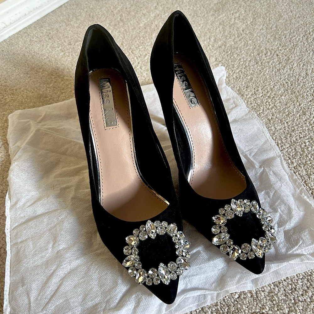 Miss KG Black Pointed Toe Crystal Embellished Pumps